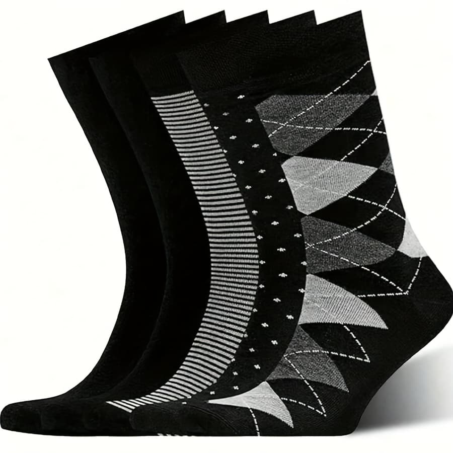 TEMU 5 Pairs Of Men's Mid-calf Striped Socks, Breathable And Comfortable, Suitable For Spring And Summer, Featuring Casual British Style With Geometric Patterns, Wear