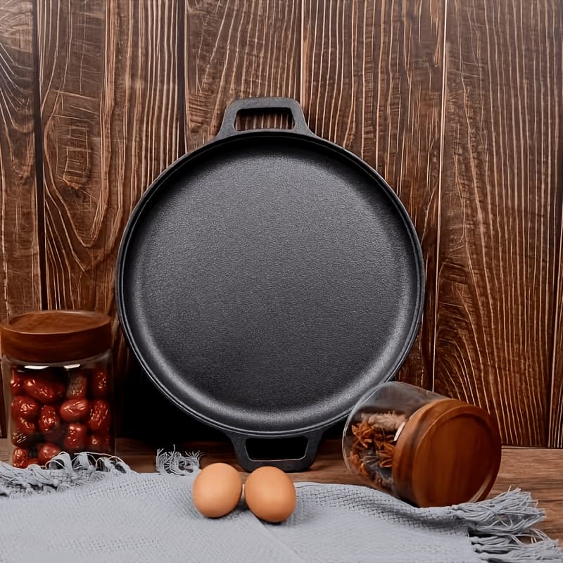 TEMU Pre- Cast Iron | 11.02 Inch Round Grill Pan With Dual Large Loop Handles, Durable And -heating, Suitable For Oven, Stovetop, Grill Or Campfires, Ideal For , Kitchen Gadget