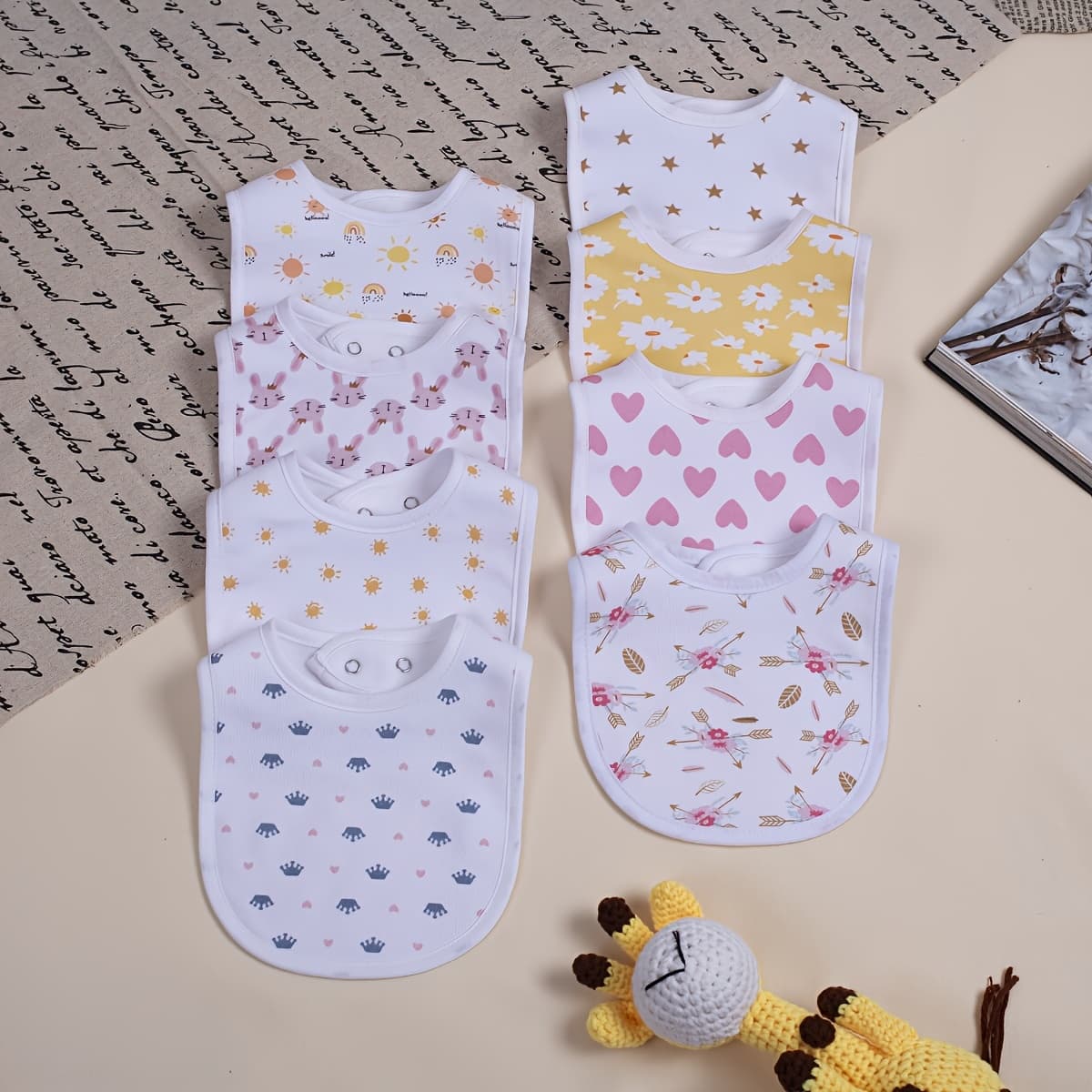 TEMU 8pcs Baby Bibs With Adjustable Snap, Absorbent And Breathable, For Boys And Girls, For Teething, And Feeding