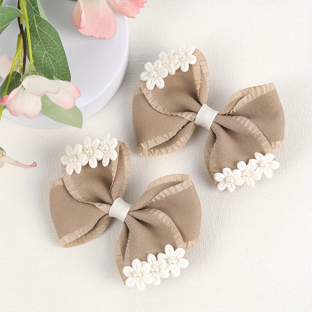 TEMU 2pcs Khaki Bow Hair Clips For Women Flower With Decor Elegant Vintage Bow Hair Clips Women Hair Accessories For Up For Gifts