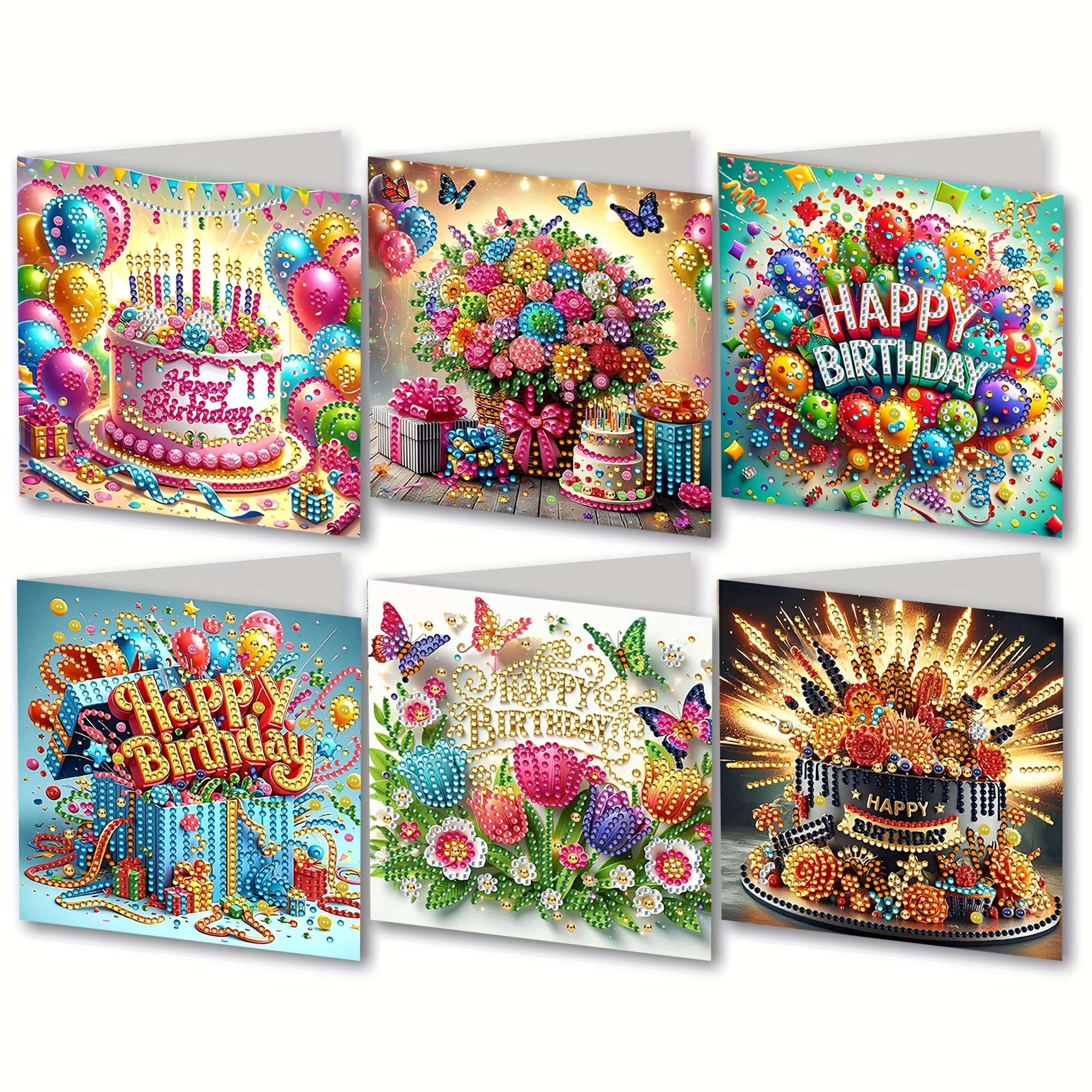 TEMU A Set Of 6 Diamond Painting Birthday Greeting Cards, Packaged With 6 White Envelopes. Cards Feature Irregular Crystal Rhinestones In A Of Colors, Making Them Beautiful Completed. A Creative And