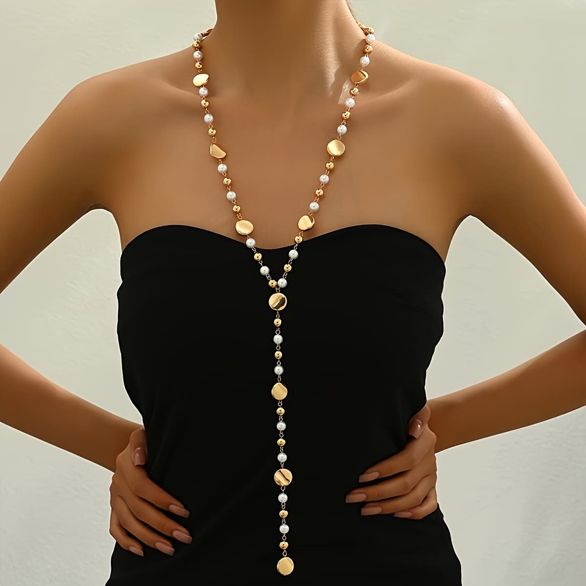 TEMU Elegant Long Y-shaped Sweater Necklace With & Geometric Ccb Beads - Perfect For Daily Wear, Parties & Evening Events