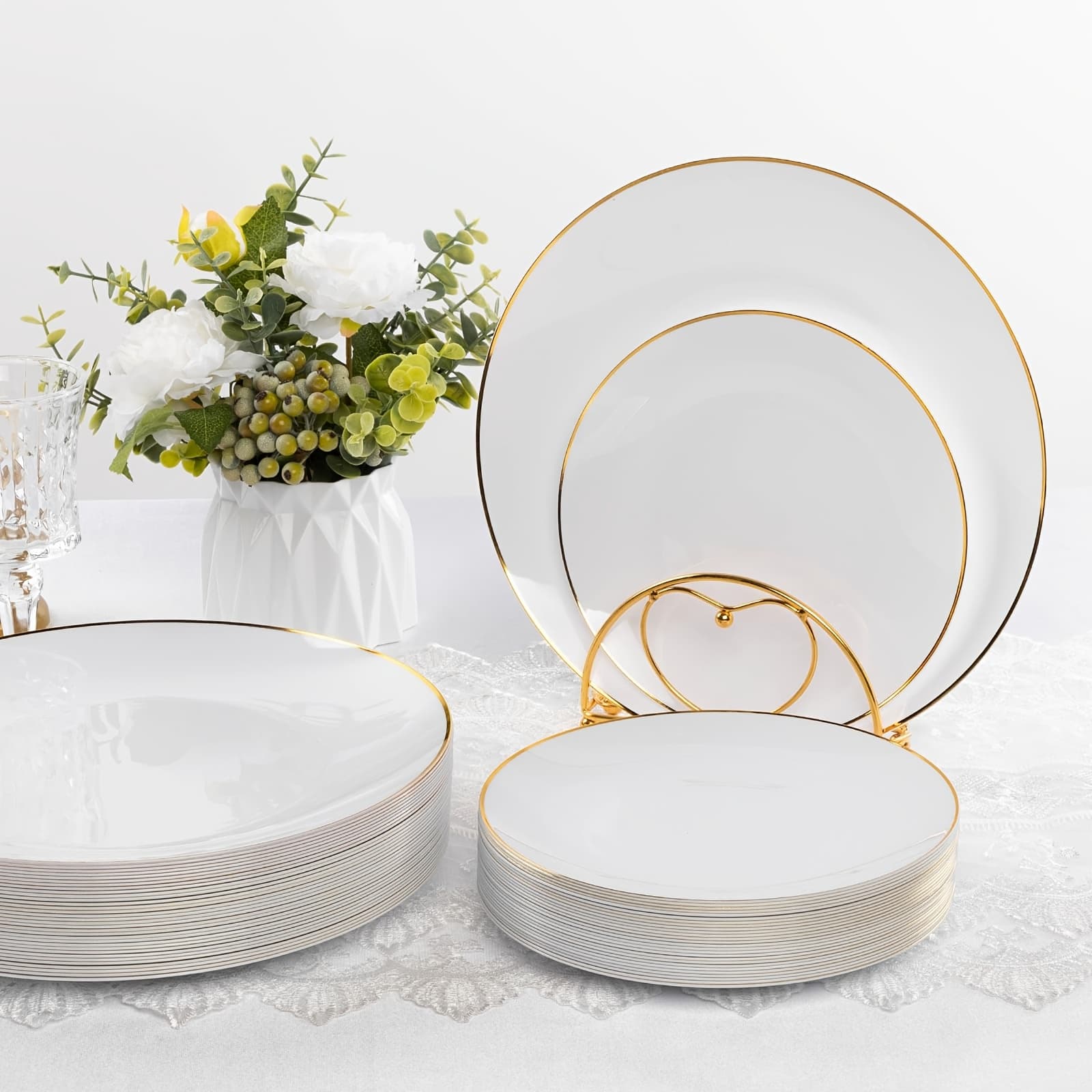 TEMU 60pcs Pink Plastic Plates - Premium Hard Pink And Golden Disposable - Includes 30 10-inch Dinner Plates And 30 7-inch Dessert Plates, Ideal For Weddings And Parties