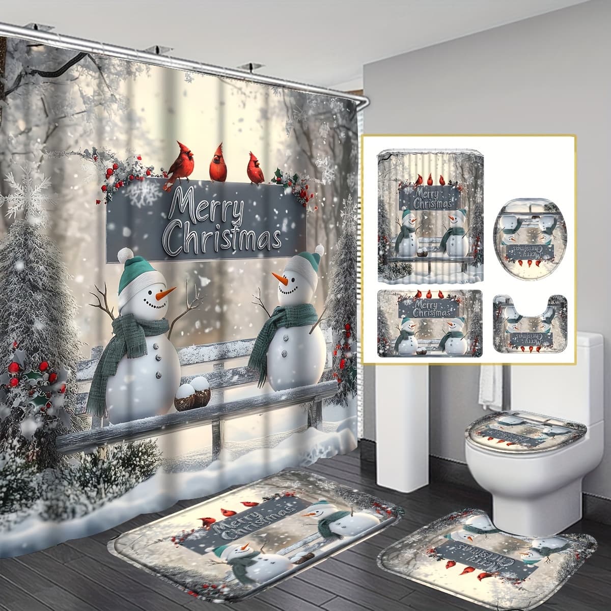 TEMU 4pcs Merry Christmas Shower Curtain Sets, Christmas Gifts Bathroom Sets With Shower Curtain And Rugs, Bathroom Decor Rug Toilet Lid Cover And Non-slip U Shape Mat, Bathroom Christmas Decor