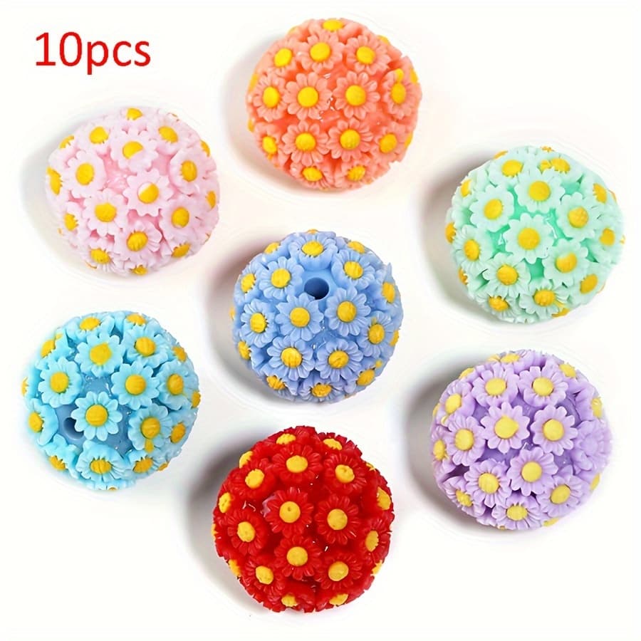 TEMU 10pcs Mix Colors Heavy Duty Acrylic Flower Ball Colorful Through Hole Round Beads For Jewelry Making Beaded Decors Additions