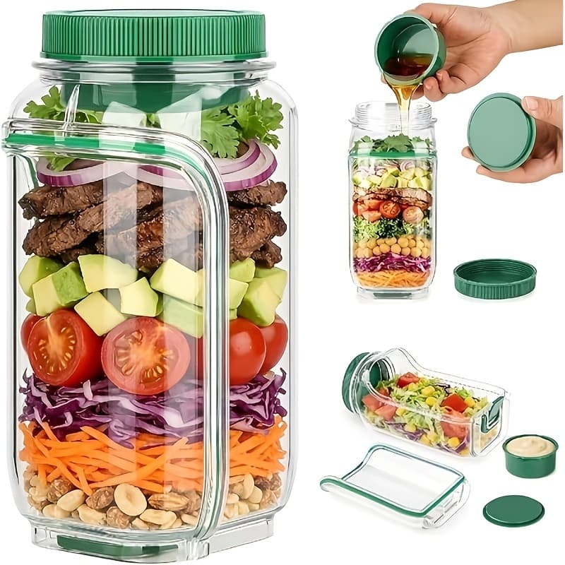 TEMU 32oz Mason Jar W/ Side Open & Leak-proof Lid - Mw/dw/fridge Safe - Stackable Salad Container W/ Dressing Cup For Meal Prep/travel/office