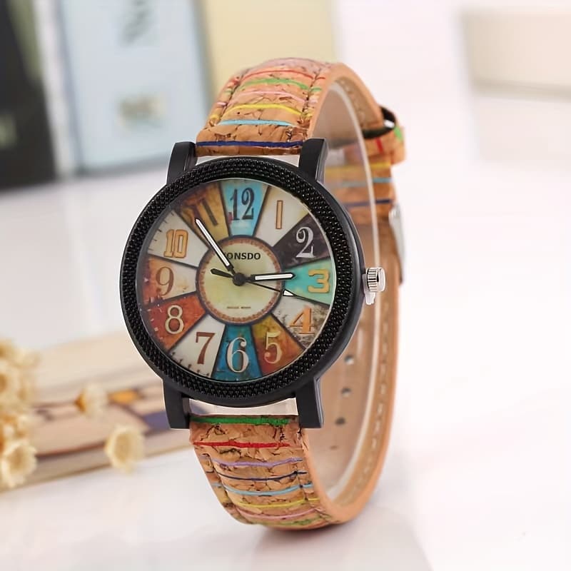 TEMU Retro Fashion Wood Grain Compass Wrist Watch