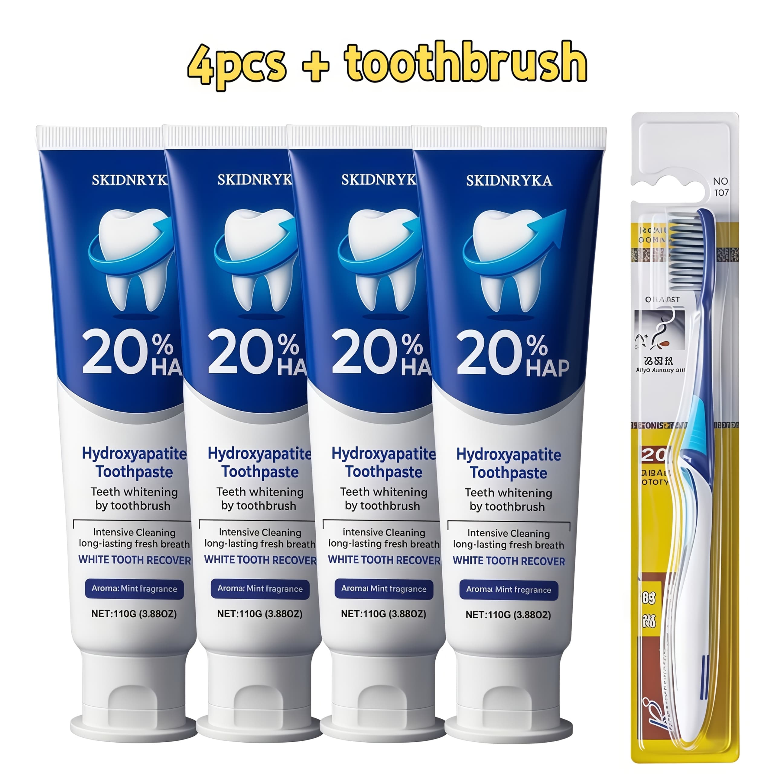 TEMU 4 Tubes Of 20% Hydroxyapatite Toothpaste, Cleanses And Whitens Teeth, Daily Oral , Family Outfit, Portable For Travel, Brushing Set, Best Gift For Parties, Unisex, Gift Toothbrush