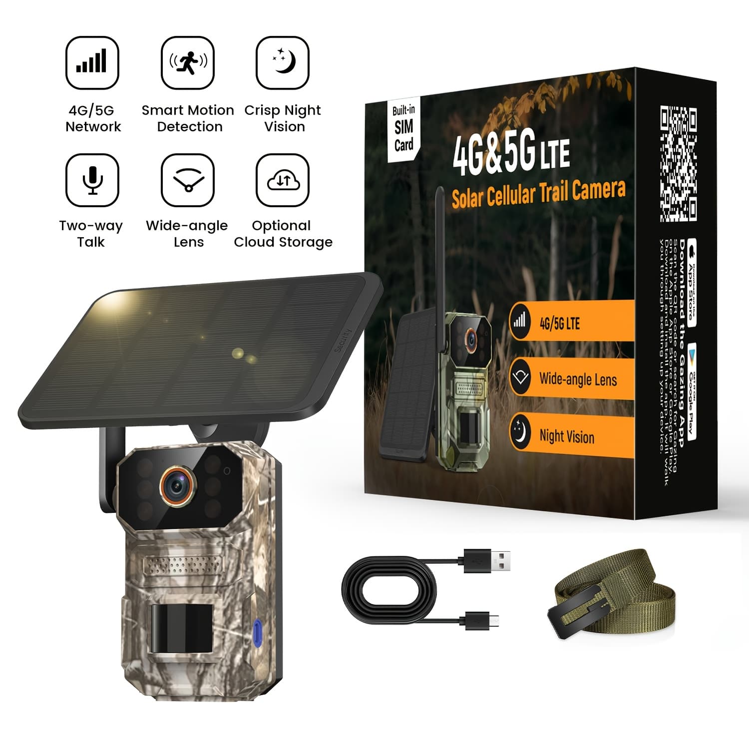 TEMU 4g/5g Lte Cellular Trail Camera, Trail Camerawith Solar Panels, 4k Wildlife Monitoring Camera With Pir Motion Sensor, Infrared Night Vision, Voice Remote Access, No Wifi Required
