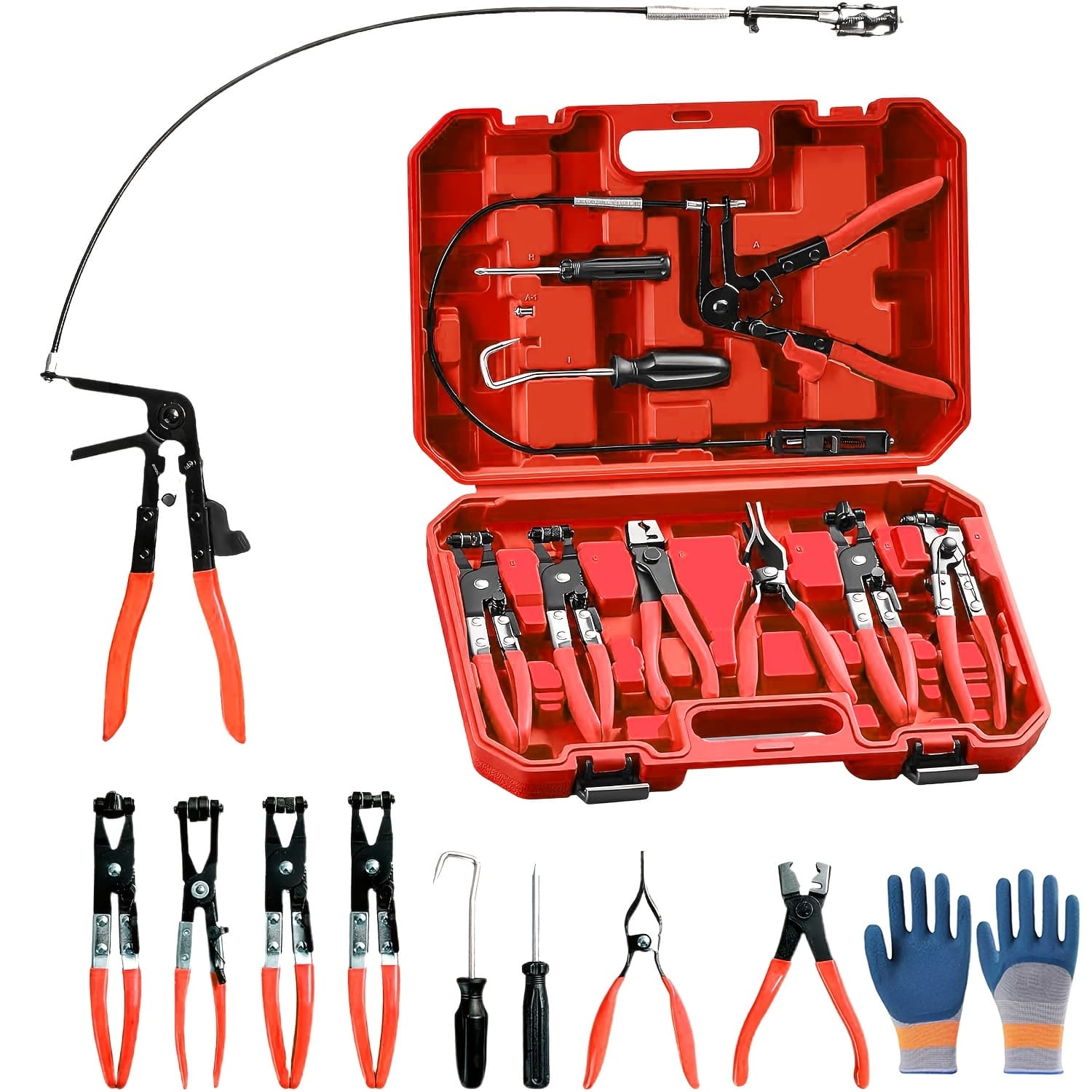 TEMU 9pcs Wire Long Reach Hose Clamp Pliers Set Fuel Oil Water Hose , Hose Clamp Pliers For Fuel Hoses, Red