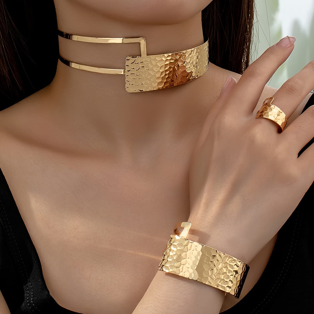 TEMU 3pcs Bohemian Metal Opening Textured Geometric Choker Bangle Ring Set Women Daily Wear