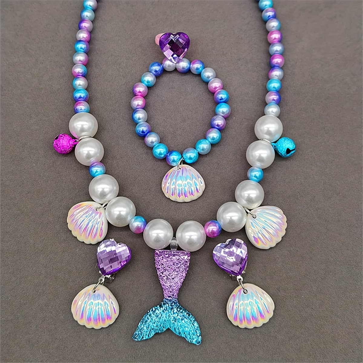 TEMU 5pcs Mermaid Girl's Pendant Necklace, Bracelet, Earrings And Ring Jewelry Set With . Jewelry Includes Necklace, Bracelet, Rings, And Earrings For Girls
