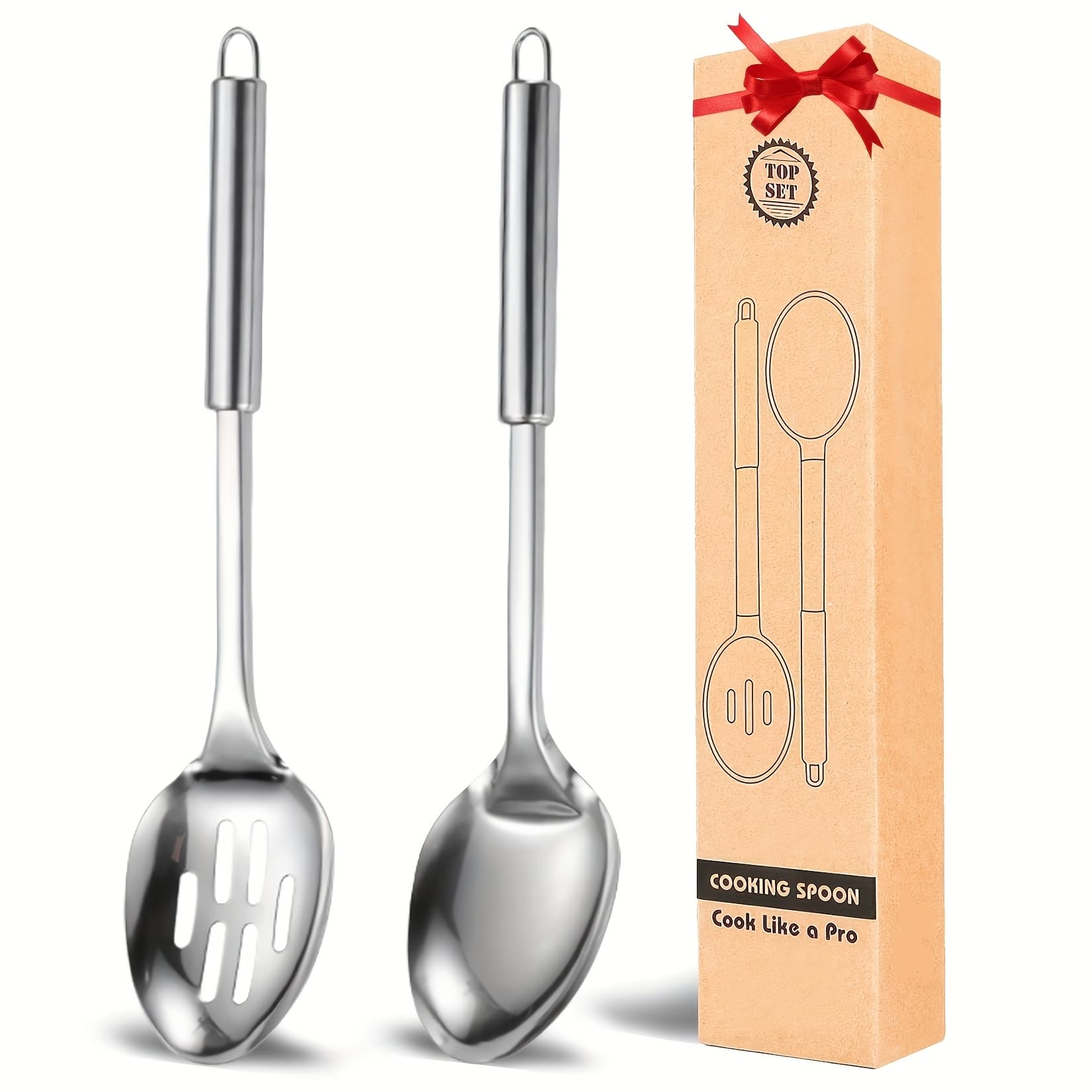 TEMU Set Of 2 Stainless Steel Cooking Spoons, Including A Serving Spoon And A Slotted Spoon, Featuring Heat-resistant Handles, Dishwasher Safe, And Easy To Clean