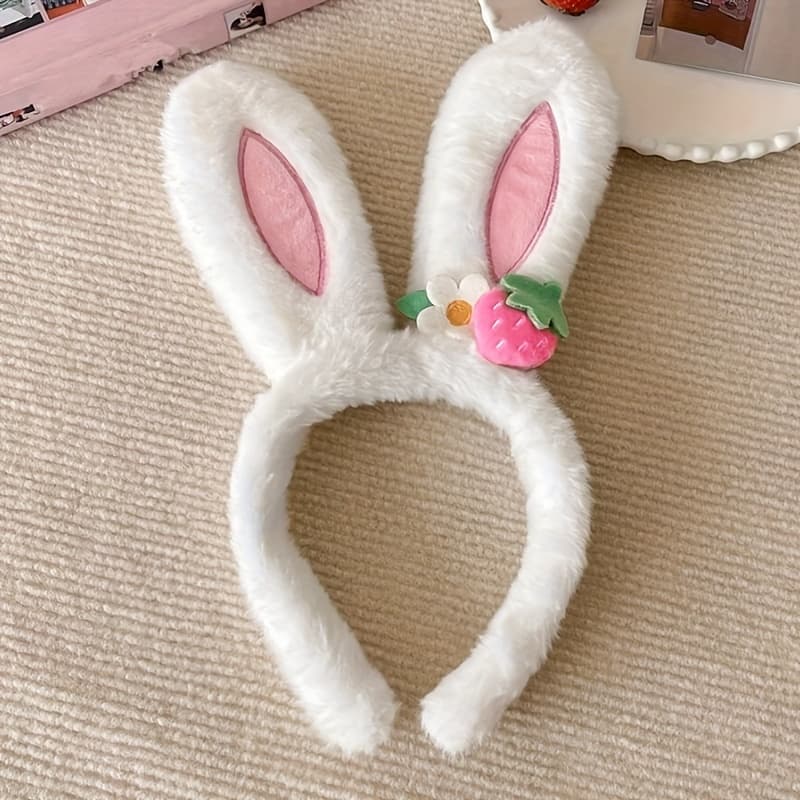 TEMU Cute Strawberry Flower Bunny Ears Headband Women's Plush Hair Pressing Headband