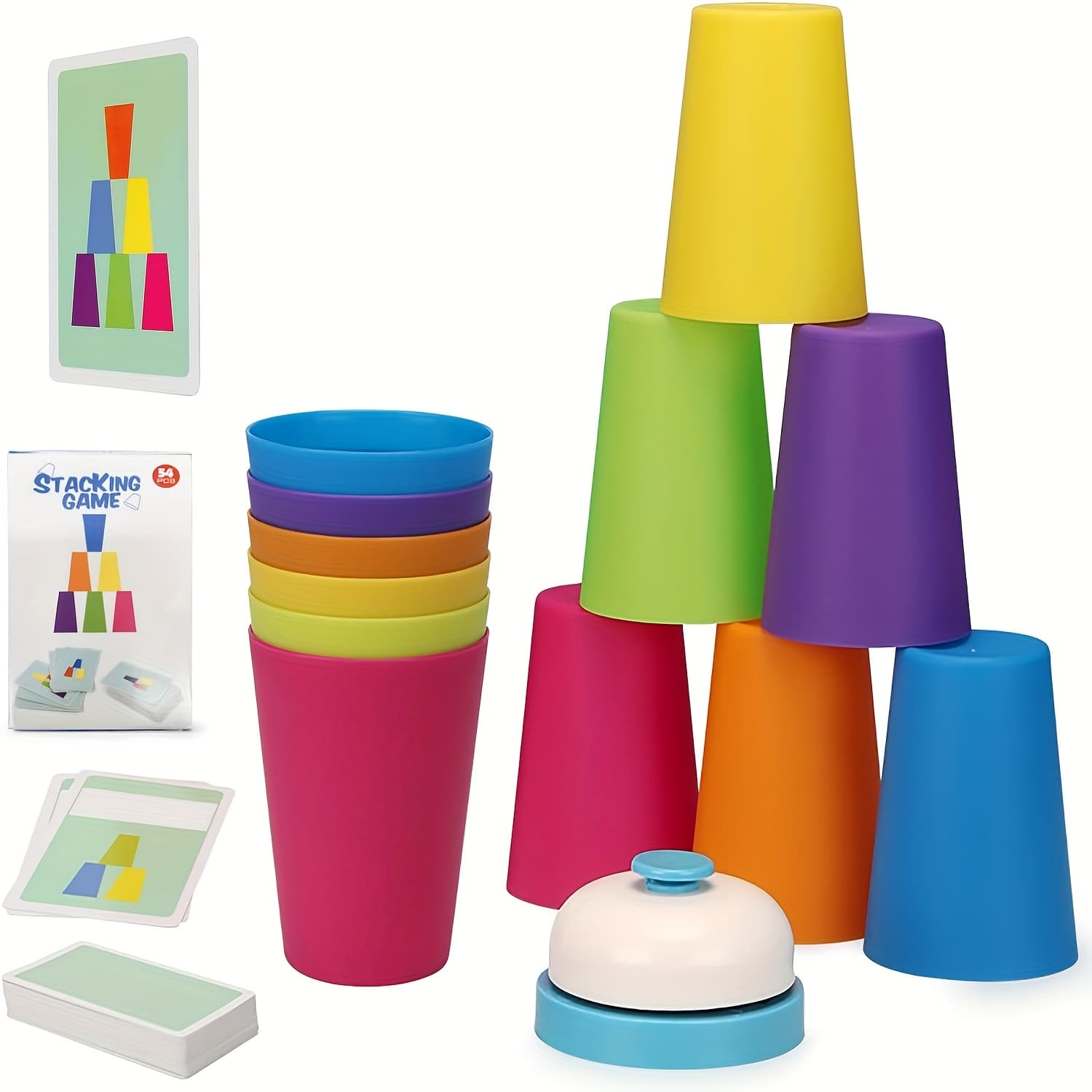 TEMU 54 Cards, 1 Bell 12 Cups Stacking Tower Game Set For Puzzle Competition, Tabletop Interactive Toy, Color Sorting Cognitive Training Table Game, Puzzle Competitive Parent-child Interactive Toy
