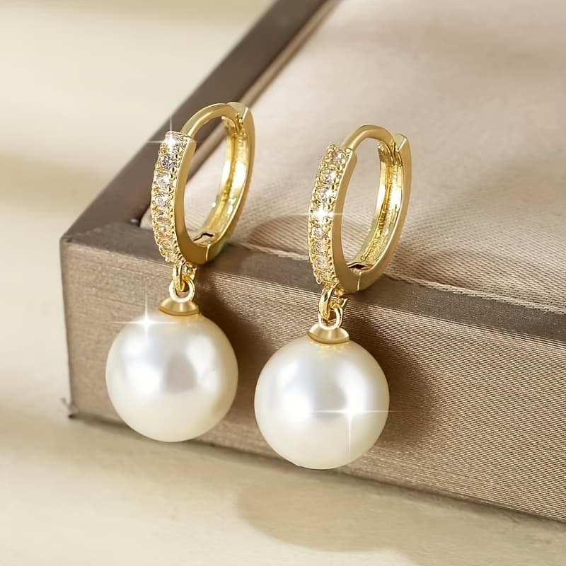 TEMU 1 Pair Of Luxurious Temperament Copper Inlaid Synthetic Zirconia Pearl Pendant Earrings Elegant Retro High-end Women's Earrings Party Dating Gift