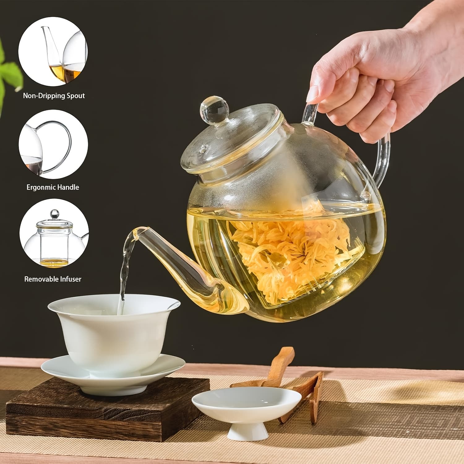 TEMU 1530ml/52oz Glass Teapot With Removable Infuser, Clear Tea Kettle Stovetop Safe For Loose Leaf And