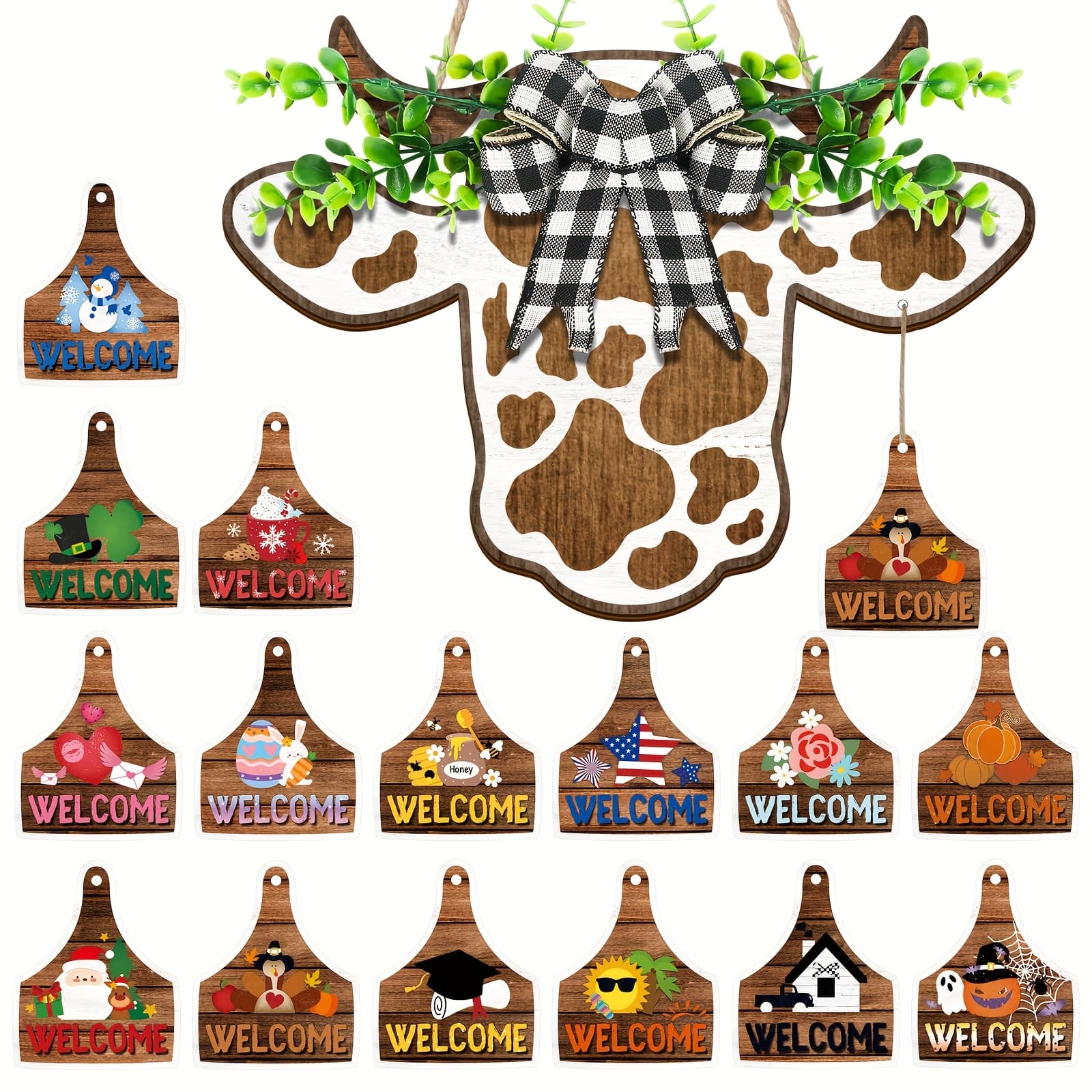 TEMU 16pcs Highland Cow Decor Door Wreath Sign Interchangeable Welcome Sign Wood Farmhouse Decor Gifts For Fall Thanksgiving Halloween Christmas Autumn Home, 16.5 X 12 Inch ()