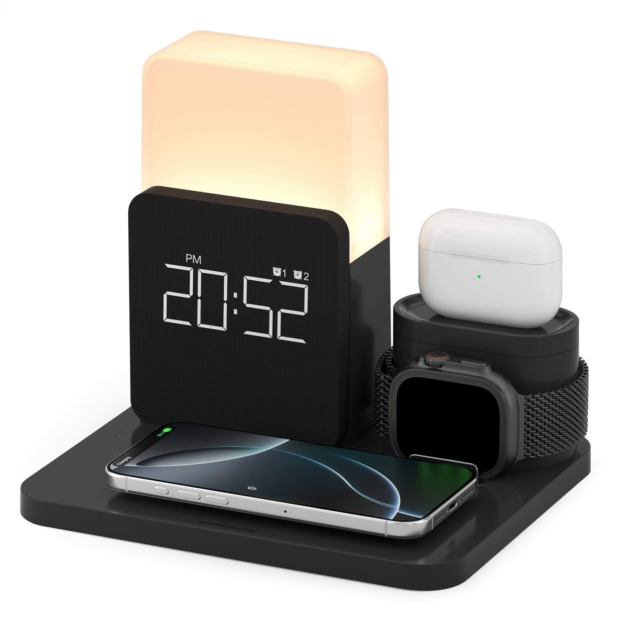 TEMU 6-in-1 Wireless Charging Station Alarm Clock With Desk Lamp - Fast Charger For Iphone 12/13/14/15 Pro/mini, For Airpods - Valentine's Day Gift For Him/her, Bedroom &
