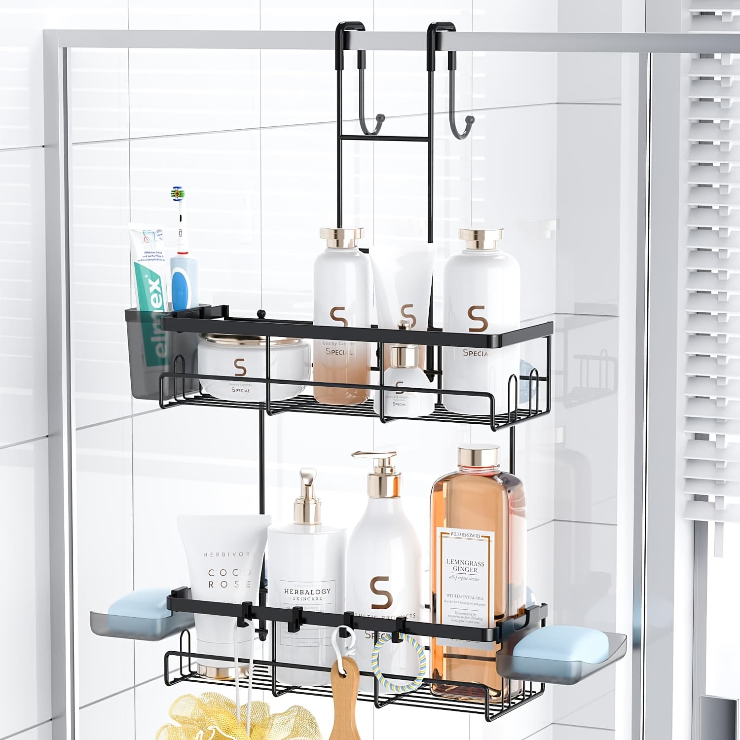 TEMU Over The Door Shower Caddy Hanging: Black Rustproof Shower Organizer Over The Door - No Drilling Bathroom Rack For Inside, Random Colors , Shower Caddies