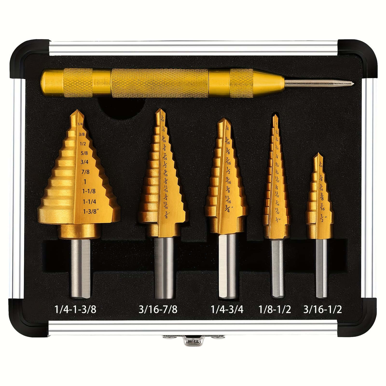 TEMU Maissbatel 5pcs Step Drill Bit Set, Coated Automatic Center Punch, Short Length, Double Cutting , Steel, Covers 50 Sizes, Comes With Case