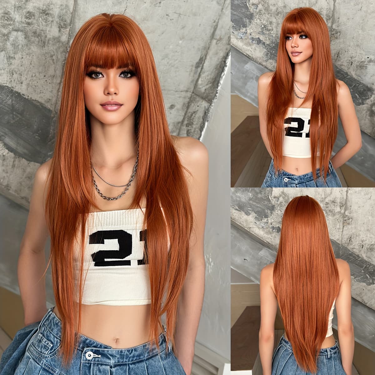 TEMU Namm Long Straight Orange Wigs For Women Daily Cosplay Use With Neat Bangs Natural Looking Soft High Quality Synthetic Heat Resistant Fiber Wig