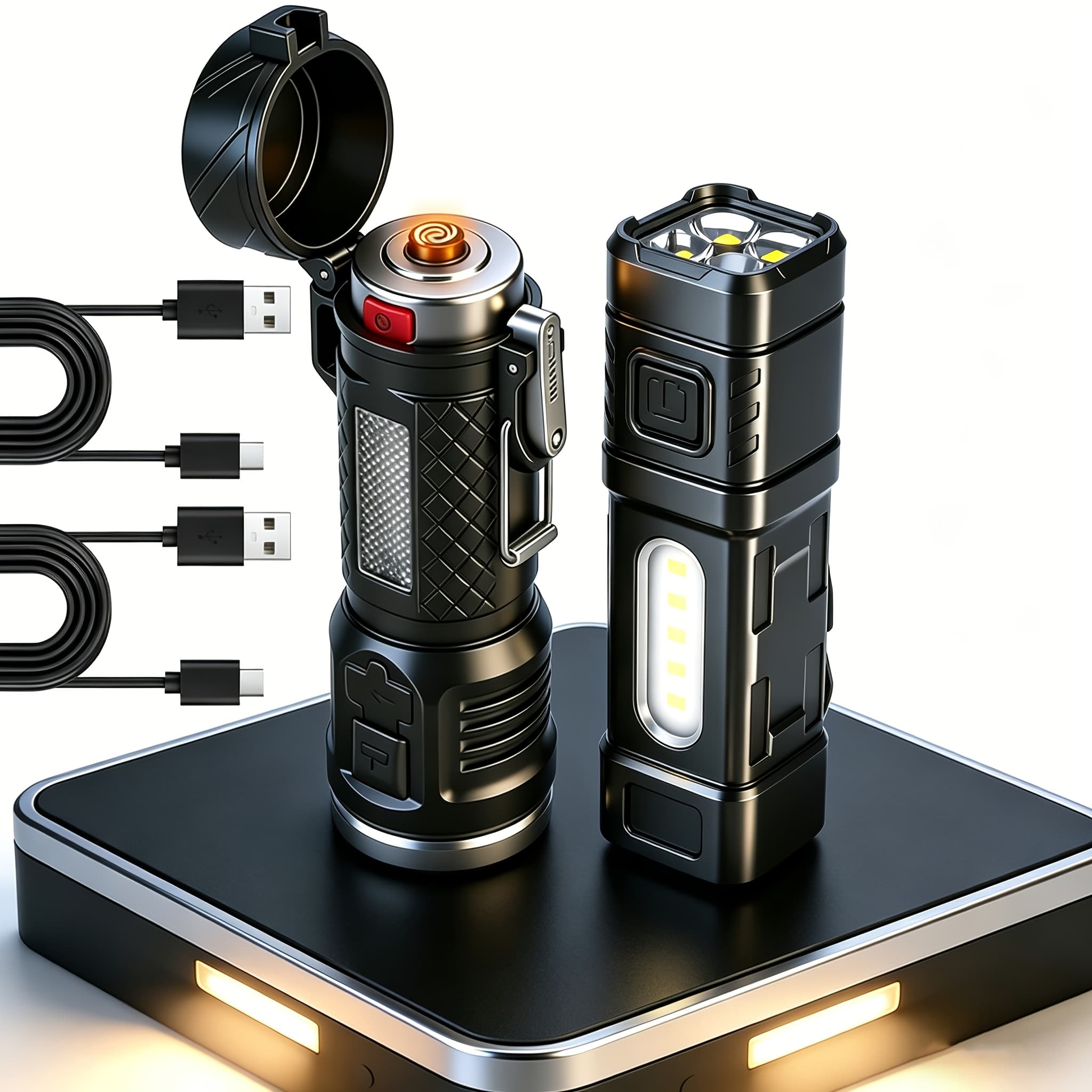 TEMU Survival Kit Essential - Set Of 2 Rechargeable Flashlights With Fire Starter, Flashligh Led Handheld Spotlight, Usb Charging, Portable Emergency Work Light For Camping And Home Emergency
