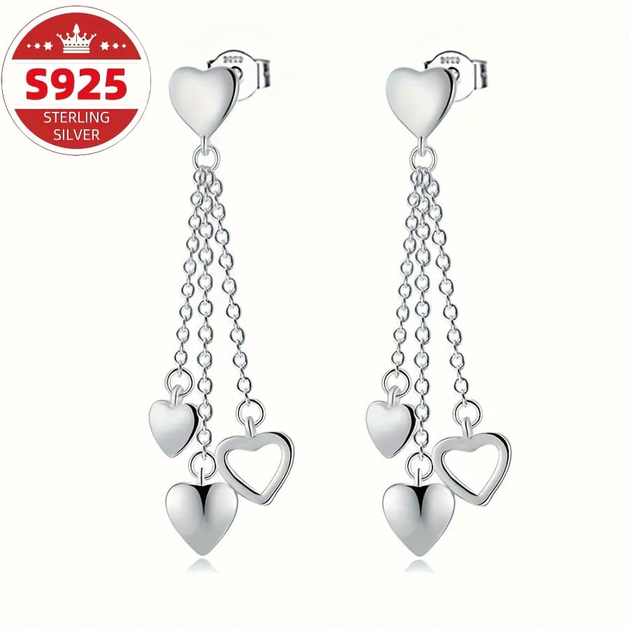 TEMU S925 Sterling Silver Tassel Heart-shaped Pendant Earrings, Elegant Long Chain Pendant Style, Luxurious And Fashionable Ladies, Daily Leisure, Gifts For , Christmas Gifts