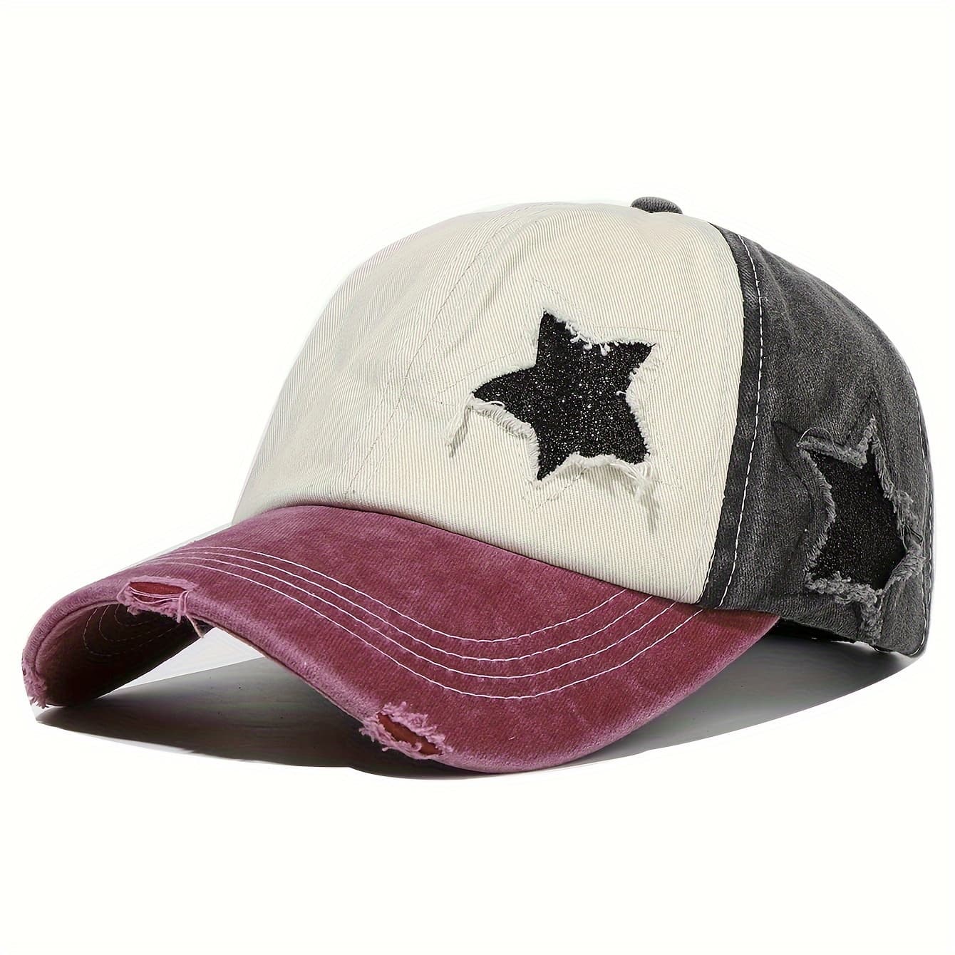 TEMU 1pc Unisex Vintage Washed Street Style Shiny Five-pointed Star Patch Baseball , Suitable For Outdoor Leisure And Vacation