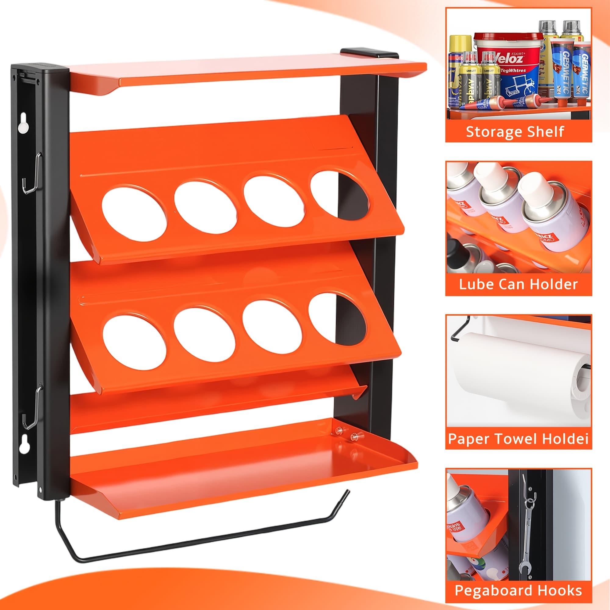 TEMU Heavy-duty Metal Wall-mounted Paint Can Holder | 8 Can Holes & 2 Shelves - Orange, Varnished End, Ideal For Garage & Workshop - Tool Storage Shelf For Paint Cans, Adhesive Bottles, Utility Racks