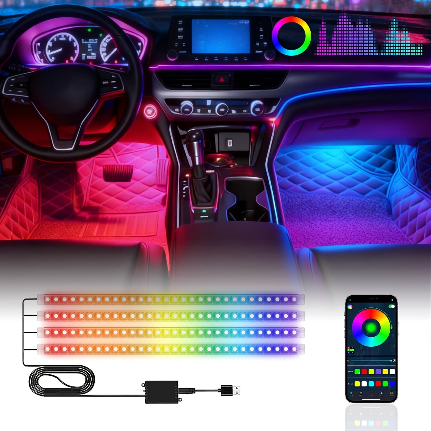 TEMU 48-led Rgb Car Interior Ambient Light, Supports App Control/usb/car Plug, Compatible, Led Color Light Strips, Under-seat Lighting Kit For All Car Models, Without Battery