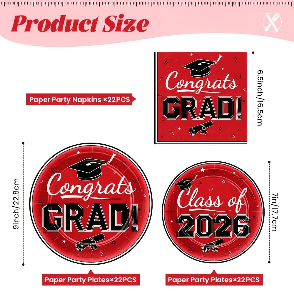 TEMU 66pcs Graduation Party Plates And Napkins Graduation Decorations 2026 Red Disposable Paper Plates Napkins Cocktail Napkins For Congrats Grad Party Decorations