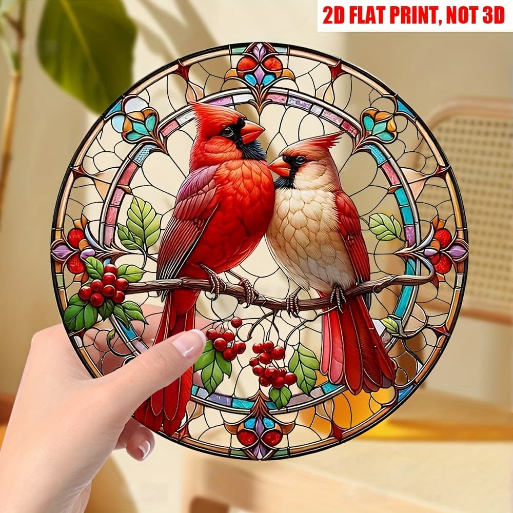 TEMU 2d Flat, 2d Flat Vibrant Red Stained Acrylic Suncatcher - Translucent Round Door Window Hanging Ornament Wreath Decor - Festive For Home, Porch, Wall, Room, And Garden Decor
