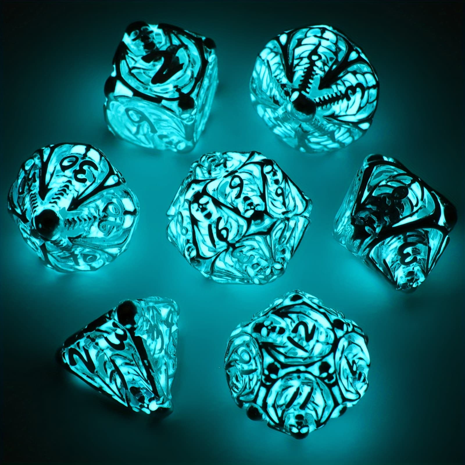 TEMU Glow In The Dark Metal Dice Set 7pcs, Uv Fluorescent Hollow Polyhedral Rpg Dice, Dnd Dice, Gift For Gamers, Ideal Christmas Halloween Easter Gifts