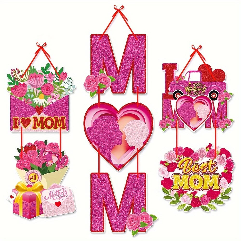 TEMU 3pcs/set, Day Decorations Door Hanging, I Love Mom Happy Day Party Supplies Porch Sign Door Hanger, Birthday Home Decor Wall Hanging Banner