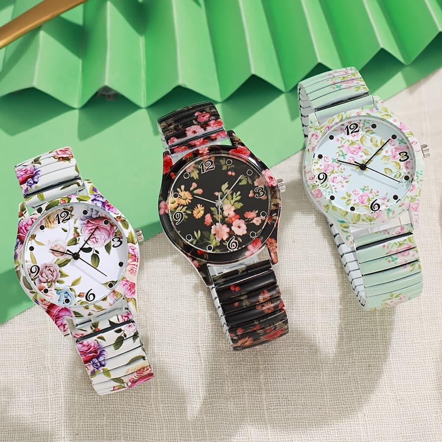 TEMU Set Of 3 Beautiful Women's , Featuring Vibrant Floral Dial Designs, Flexible Bands, And Quartz Mechanisms. Stylish Jewelry Additions For Everyday Use
