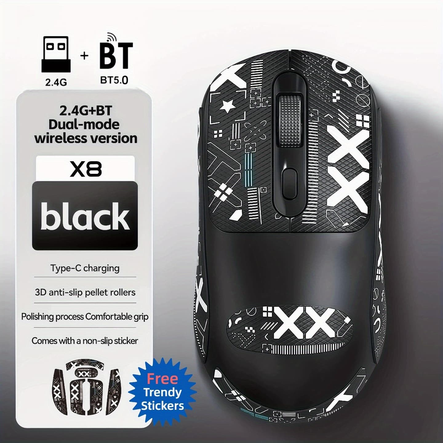 TEMU Gaming Wireless Mouse- Comes With Self-adhesive Trendy Stickers, 2.4g+bt5.0 Fast , Lightweight Comfortable Grip, Silent Buttons, Rechargeable, For Pc & Laptop Gaming
