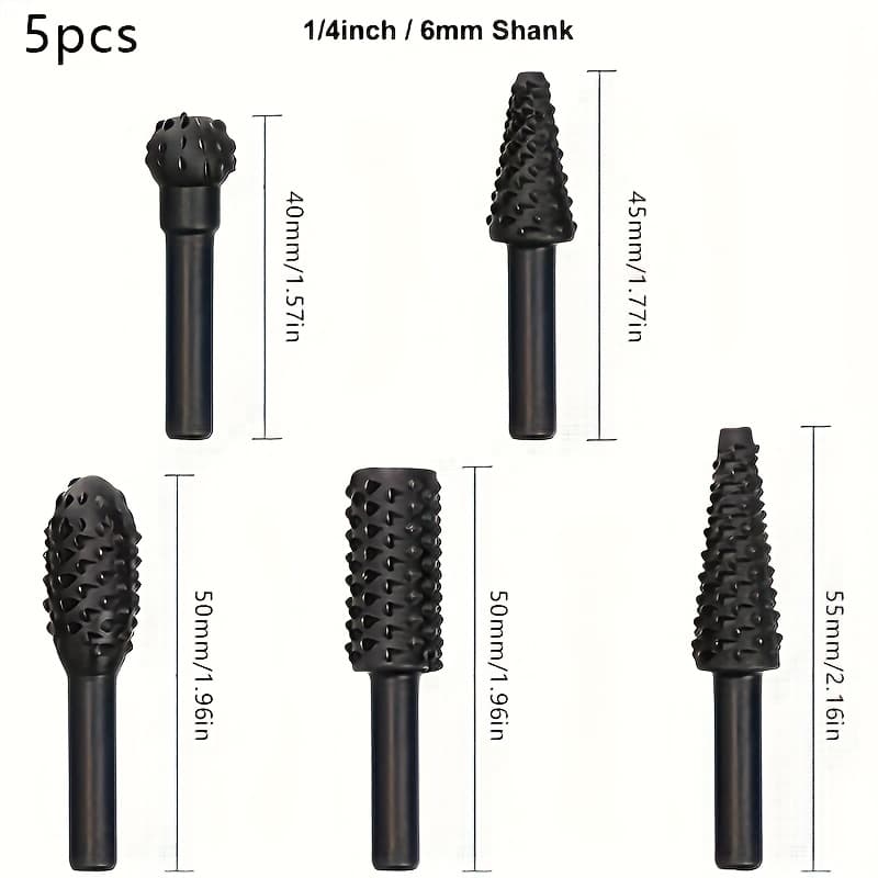 TEMU 5pcs/10pcs Wood Carving File Rasp Drill Bit, 1/4" 6mm Rotary Rasp Drill Bit Set, Woodworking Rotating Embossed Chisel Shaped Shank Tool Burr Power Tools For Engraving Polishing Grinding