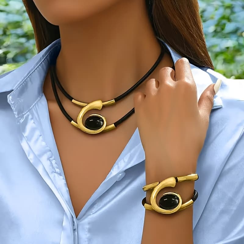 TEMU 2pcs Jewelry Set - Bohemian Oval Pendant, Double , Bracelet And Necklace Combo, Women's Fashion New , Suitable For Party, Festive And Daily Wear, Suitable For Gifting