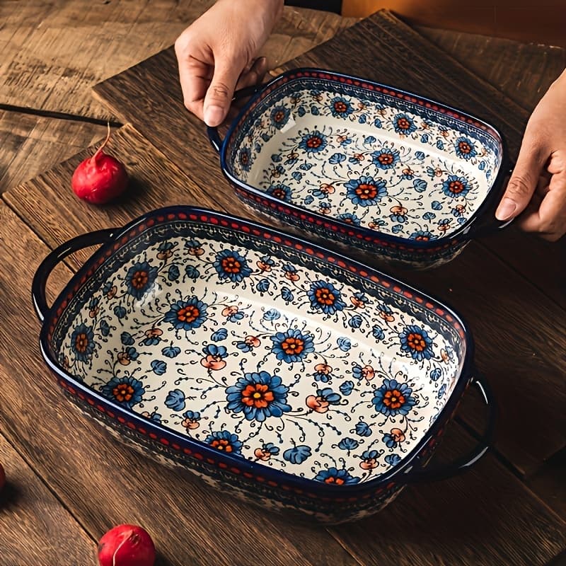 TEMU 2pcs Bohemian Porcelain Baking Dishes - 13-inch Large Rectangular Baker Set Elegant Gift For , Kitchen Essentials, Decorative Cookware, Stylish Bakeware, , Durable Bakeware, Cooking Enthusiasts