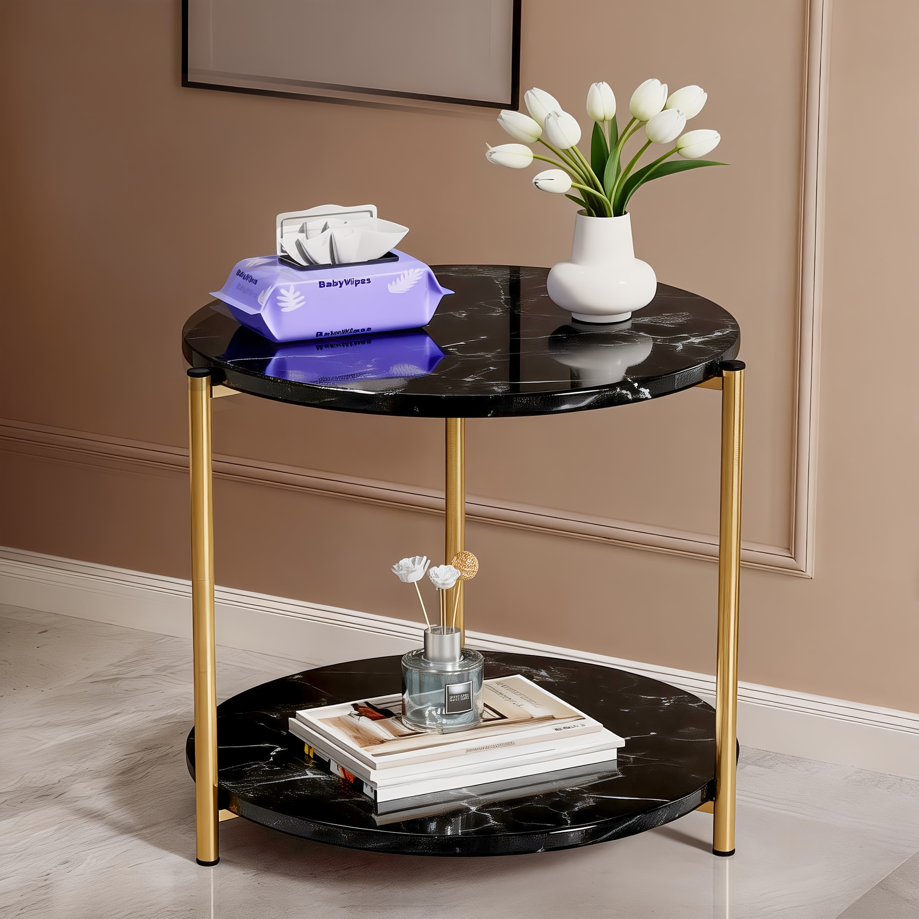 TEMU Round Side Table, Modern Nightstand End Table With Golden Metal Frame And , Accent Bedside Table For Living Room Bedroom Small Spaces With Storage Open Shelf, White