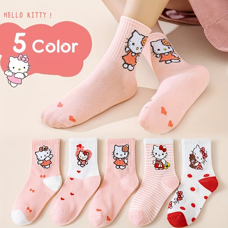 TEMU 3-pairs Or 5-' Hello Kitty Socks - Mid-calf Crew Socks With Hello Kitty Face & Iconic Poses, Cartoon Socks For Girls () - Fall/winter Wear, Party Outfits, Everyday Use