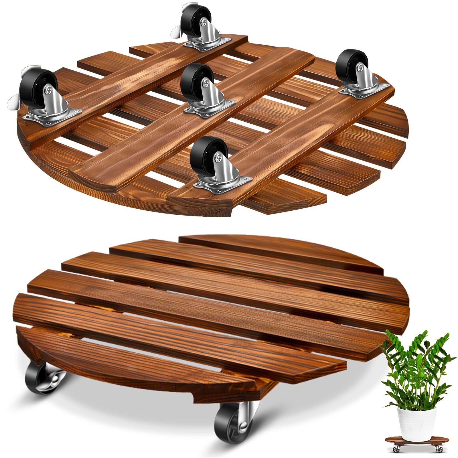 TEMU 2 Pack 16 Inch Wooden Plant Stand With Lockable Wheels 220 Lbs Heavy Duty Rolling Plant Stand Plant Roller With Casters Strong Plant Roller Dolly Base For Outdoor Indoor