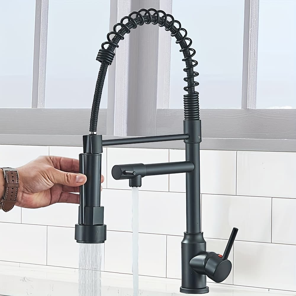 TEMU 1pc Contemporary Kitchen With Pull Down Sprayer, Single Handle Single Hole High Arc Spring Commercial Kitchen Sink Mixer Tap, 360° Telescopic Water Nozzle, Matte Black&chrome&brushed Nickel Us
