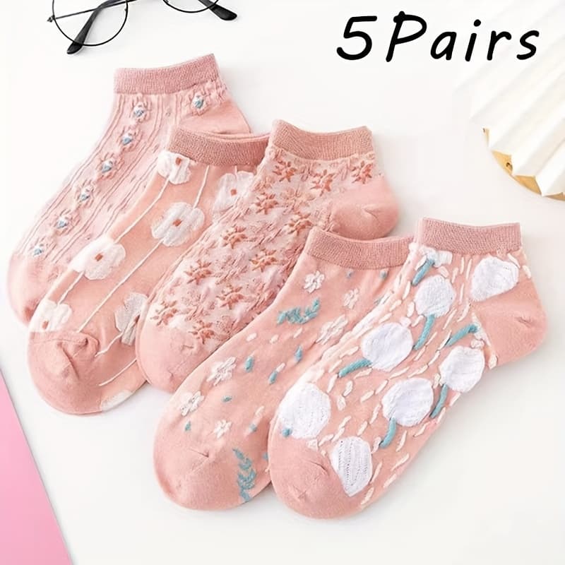 TEMU 5 Pairs/10 Pairs Of Women's Floral Print Socks - Light And Breathable Spring And Summer Casual Socks, Pink, Blue And Green Patterns, Machine Washable, Design Of Women's Socks