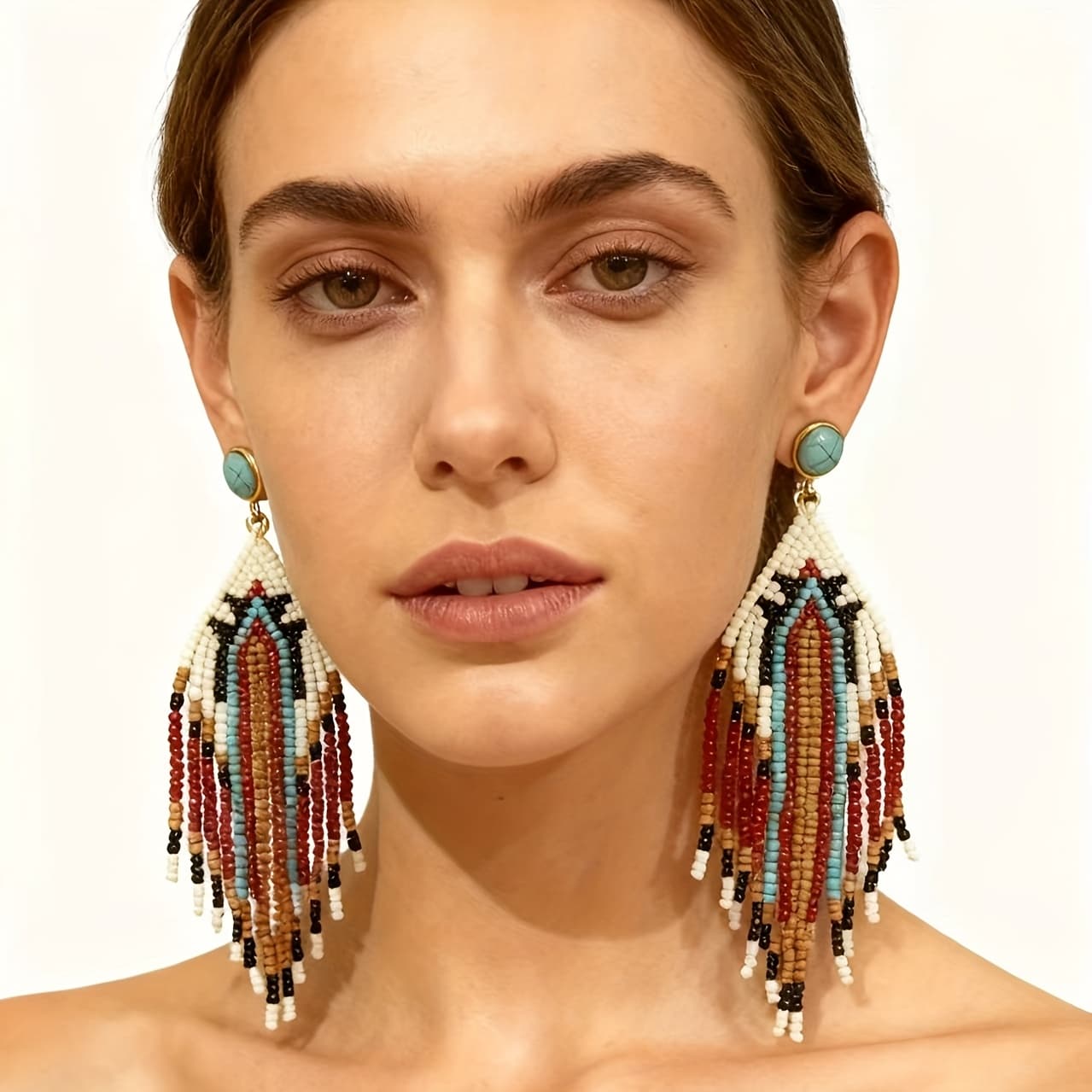 TEMU Bohemian Ethnic Style Colorful Beaded Earrings Turquoise Stud Earrings Embellished With Tassels Niche Design Earrings