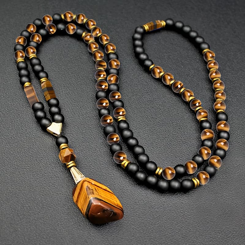 TEMU Stylish 8mm Natural Stone Tiger Eye Pendant Necklace For Men - Adjustable Long Chain With Black Agate Beads - A Christmas Gift Idea Featuring A Creative Natural Stone Necklace