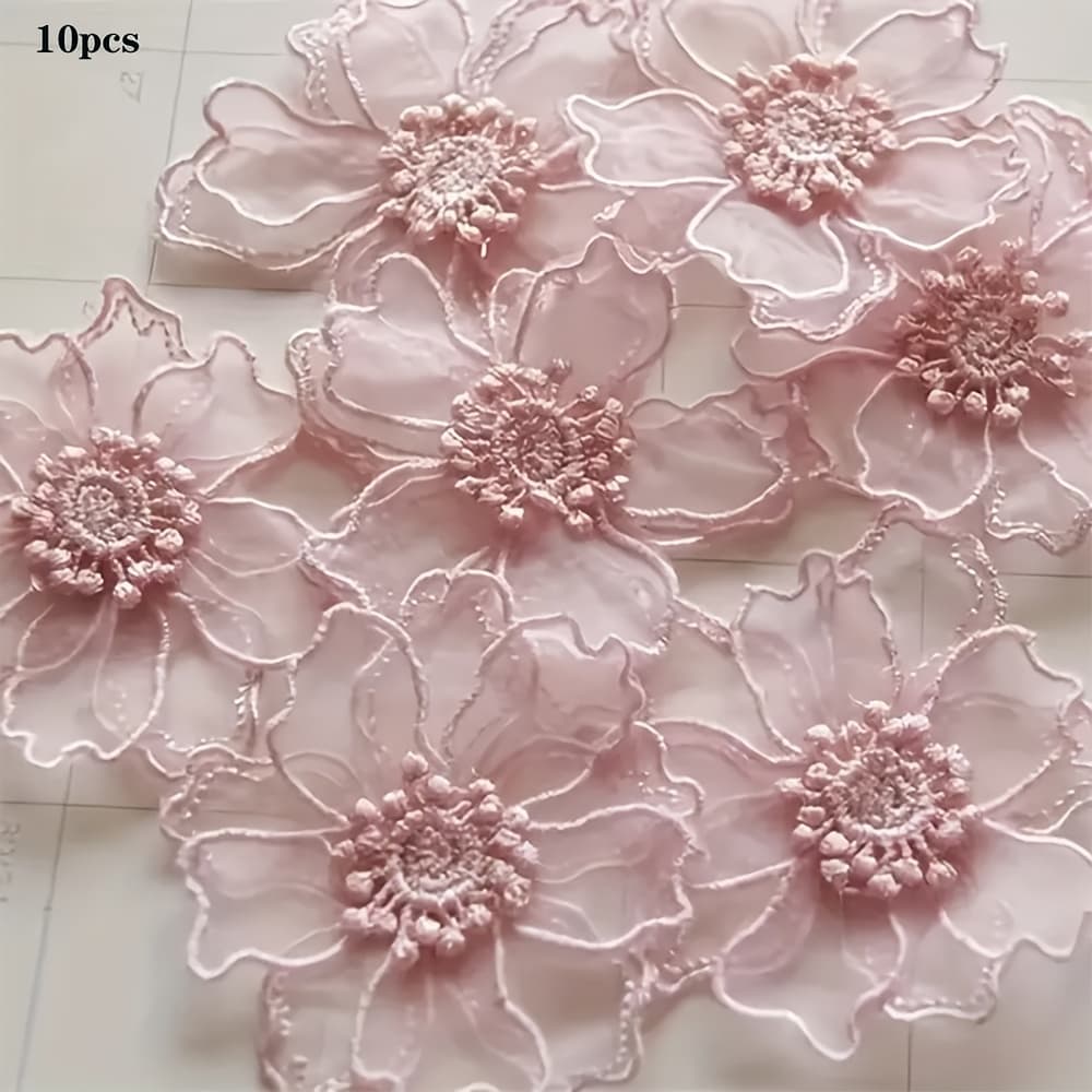 TEMU Ywli 10pcs Per Bag Random Color Three-dimensional Lace Flower Additions Organza Embroidered Fabric Patches