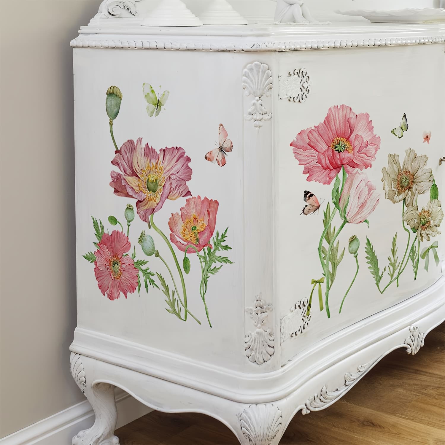 TEMU Vintage Stylish Design Rub On Transfers For Furniture, Dtf Stickers, Art Decals For Nightstand, Wardrobe, Cabinet Diy, 11.42" X22.83" Poppy Theme