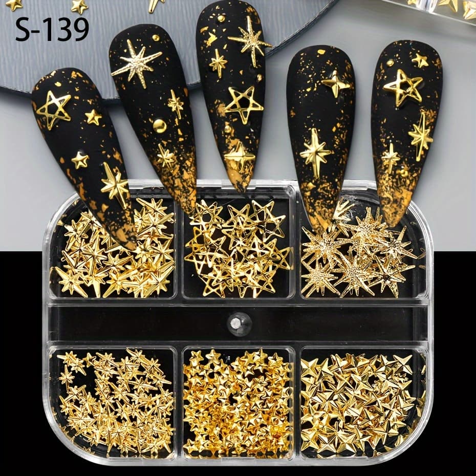 TEMU Set Of 2 Metal Star-shaped Nail Studs With 6 Compartments, Featuring 3d Golden Sparkle For Jewelry Nail Art, Made From Alloy For Metallic Manicure Embellishments